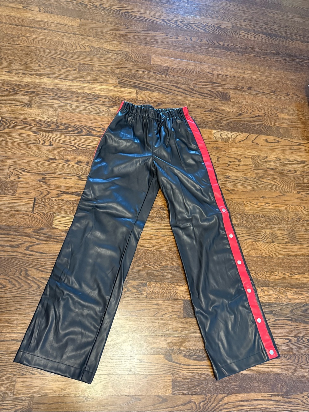 Black Faux Leather Track Pants with Red Side Stripe